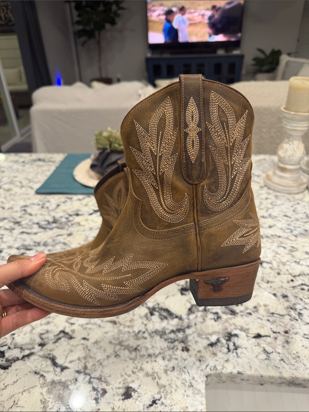 Women’s Brown Suede Ankle Bootie with Embroidered Detail - Picture 7 of 8